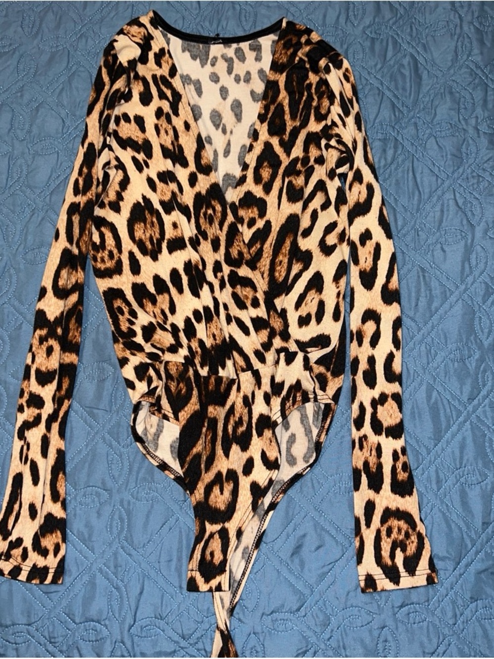 Leopard Print Wrap Bodysuit - Women's Long Sleeve Top